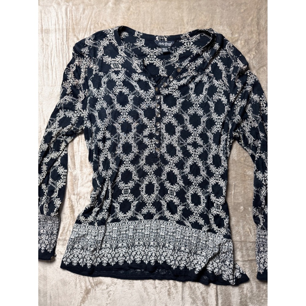 Lucky Brand Womens Navy Blue White Geometric Bird Print Henley Top Boho Size XS